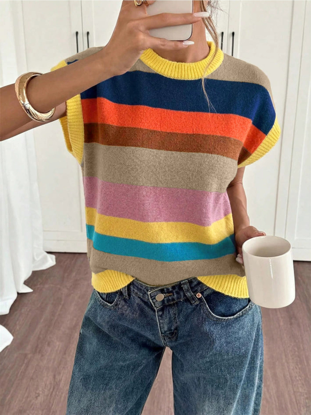 ZARA Womens Fall Winter Cozy Chic Korean Rainbow Striped Loose Sleeveless Vest